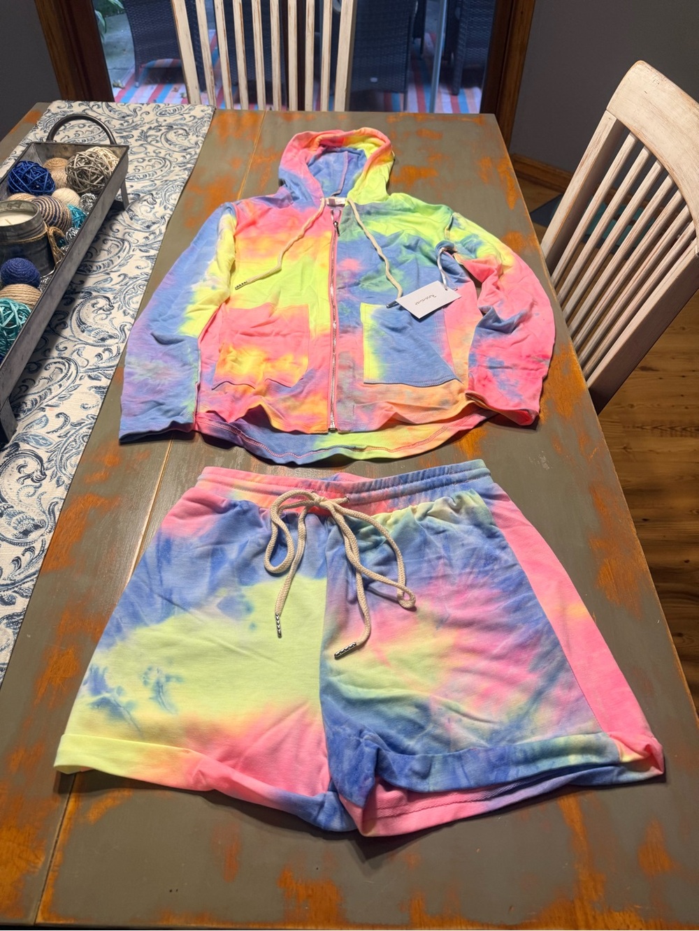 Rosevelvet Tie-Dye Zip Hoodie And Short Set- Pink, Yellow, Blue, Green - Picture 2 of 7